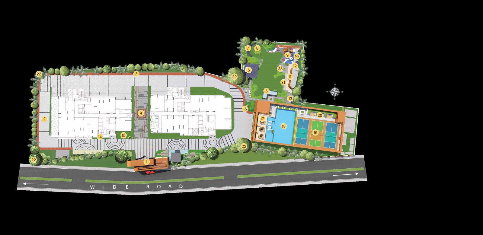 JB Espacio master plan showing twin towers, central courtyard, swimming pool, multipurpose courts and landscaped gardens